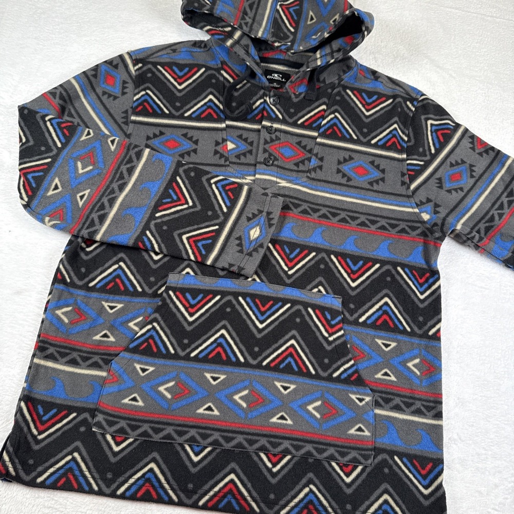 O'Neill Hoodie Mens Medium Gray Henley Fleece Sweatshirt Tribal Aztec Geometric